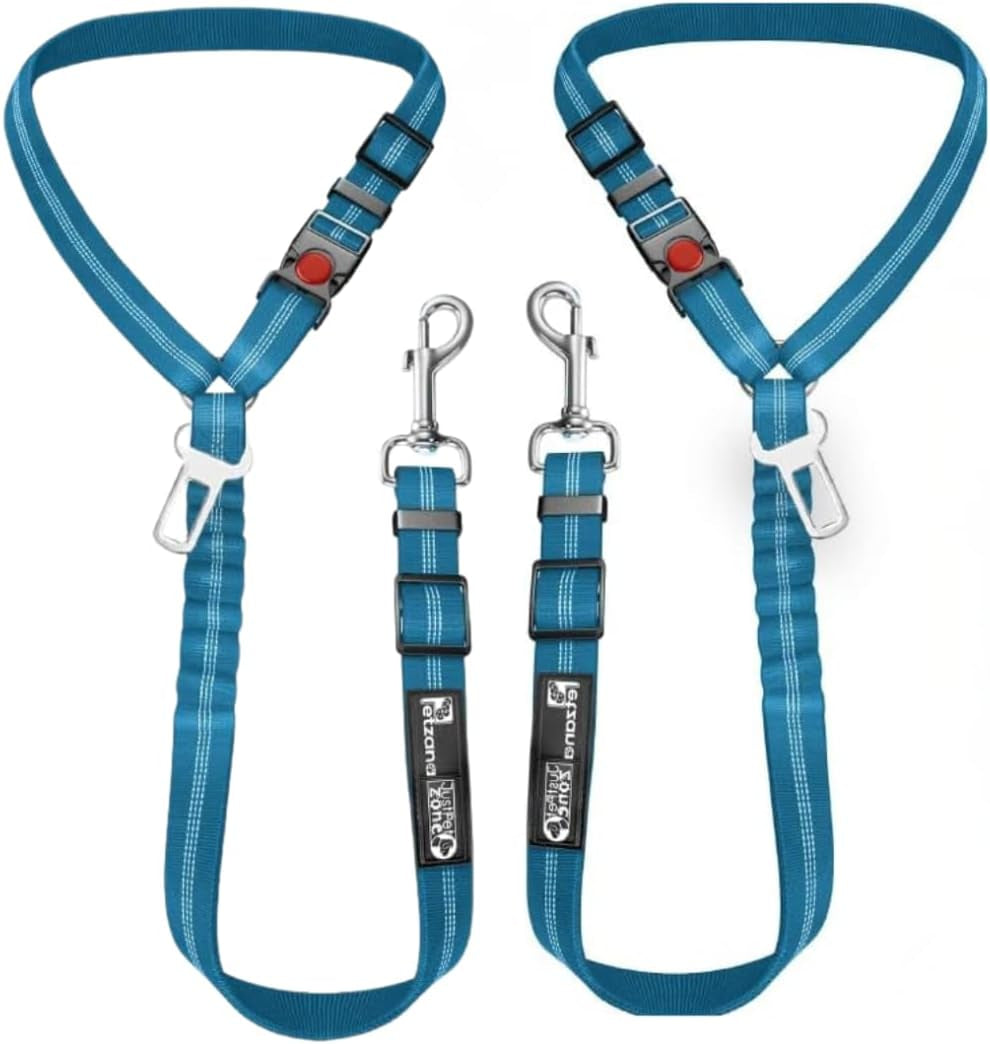 Comfortable Dog Seat Belt Harness for Car - 2-In-1 Leash and Restraint Secures to Headrest. Adjustable Bungee, Strong, Durable, 360 Degree Swivel Attach Won'T Twist, Reflective, Easy to Use (Blue)
