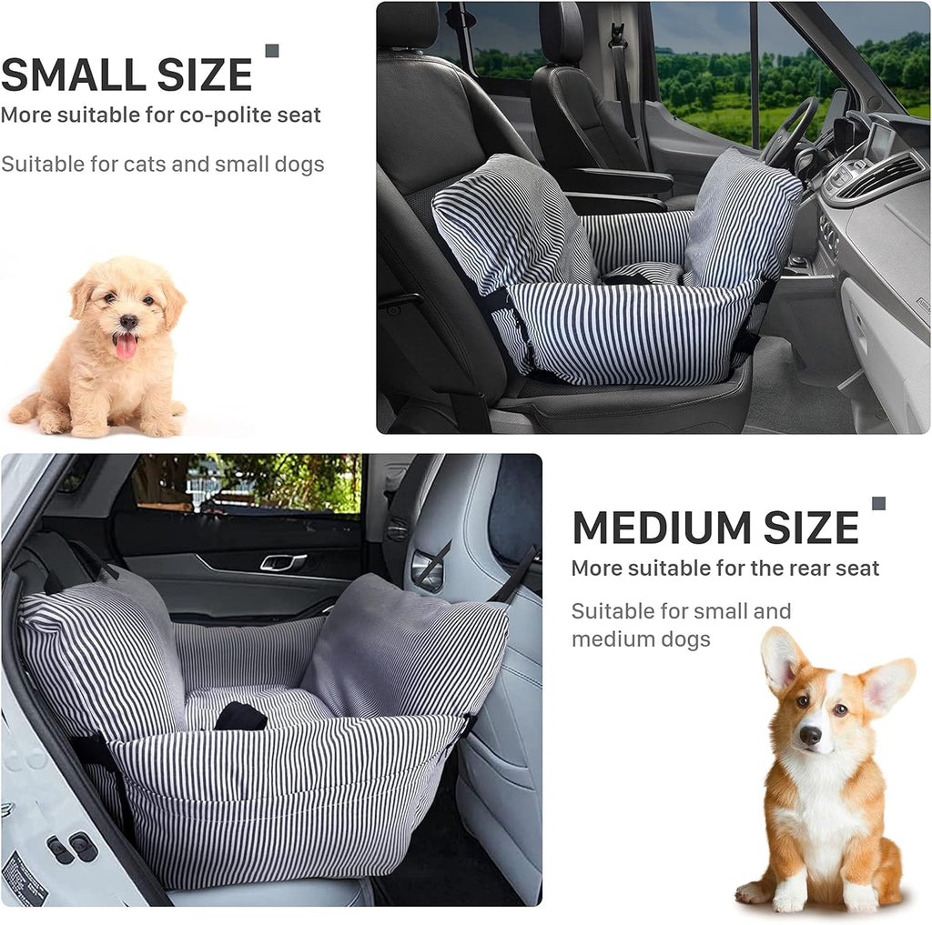 Dog Car Seat for Medium Dogs under 60 Lbs Pet，2 in 1 Booster Seats Dog Bed for Car and Home Safety Travel Carrier with 2 Pockets, Blau Stripes